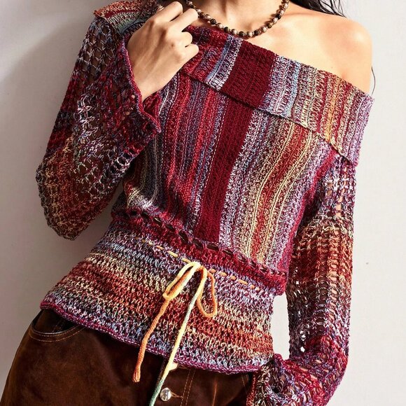 Multicolor Casual Women's Striped Off Shoulder Long Sleeve Blouse - Picture 4 of 8